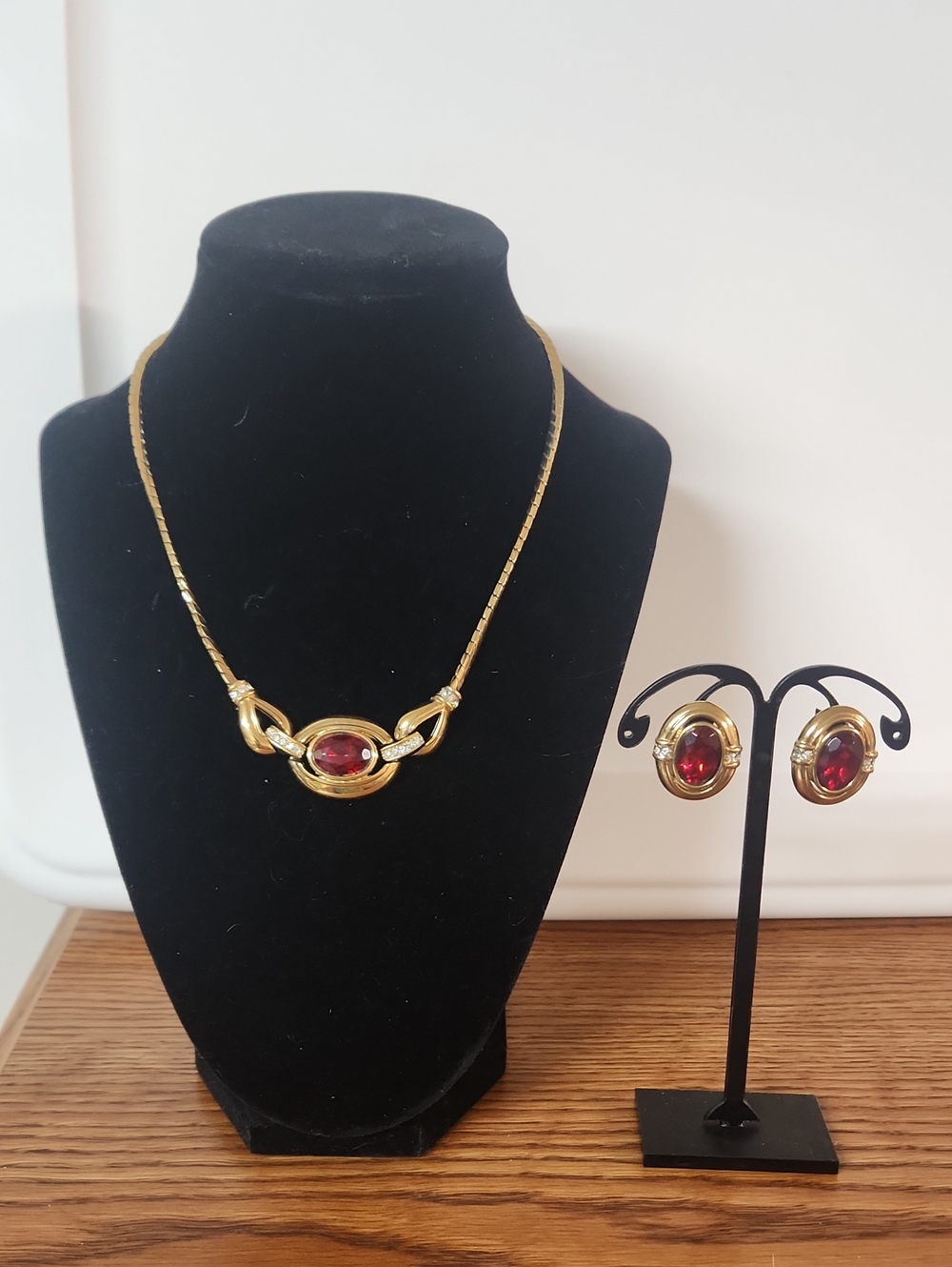 Vintage 1928? Gold-Tone Necklace & Earring Set with Red Cabochon Stones